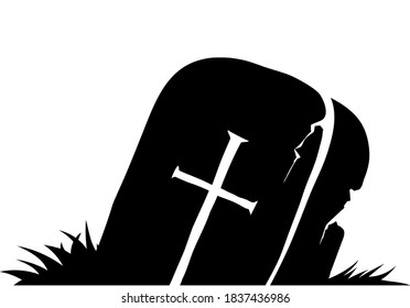 Gravestone. Tombstone ancient silhouette. Halloween sign isolated on white. Vector.