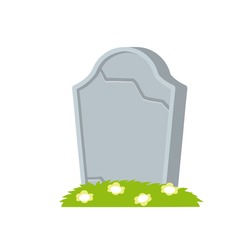 Gravestone Or Tombstone. Element Of Halloween And Death. Grave In Cemetery. Funeral And Burial. Old Stone With Crack With Flower. Flat Cartoon Isolated Illustration