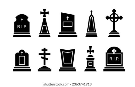 Gravestone and tombstone icons, tomb stone and headstone vector silhouettes. Cemetery or graveyard tomb with RIP and gothic cross, funeral memorials and Christian grave burial monument symbols