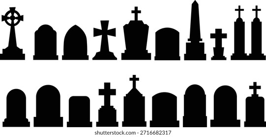 Conjunto de Vector de silueta de lápida y lápida - Iconos de lápida del cementerio