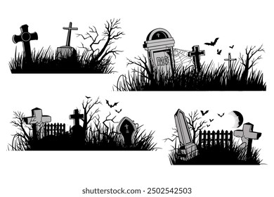 Gravestone and tombstone silhouettes. Cemetery crosses and gravestones icons