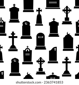 Gravestone and tombstone silhouettes seamless pattern of cemetery headstone or tomb stone, vector background. Cemetery or graveyard tombstones with RIP memorial and gothic cross for cemetery pattern