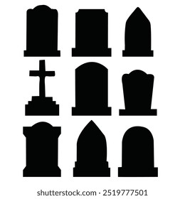 Gravestone and tombstone silhouettes set, Halloween grave set background, Grave set silhouettes isolated on white background