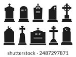 Gravestone and tombstone silhouettes. Tomb stone and headstone. Cemetery graves with Christian ringed crosses and Islam crescent, graveyard pedestals isolated vector silhouettes set