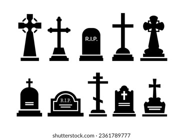 Gravestone and tombstone silhouettes, tomb stone and headstone of cemetery, vector icons. Graveyard tomb with RIP stone of funeral memorials with gothic cross, grave burial monument symbols