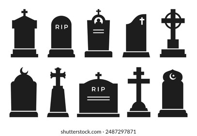 Gravestone and tombstone silhouettes. Tomb stone and headstone. Cemetery graves with Christian ringed crosses and Islam crescent, graveyard pedestals isolated vector silhouettes set