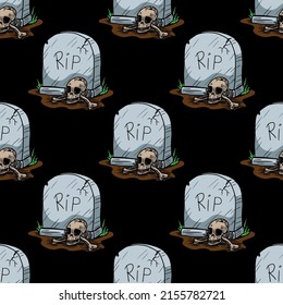 Gravestone vector seamless pattern on black background