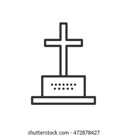 Gravestones and cross, grave and tombstone. Symbol of death and funeral. Flat icon. Vector outline illustration isolated on white background. Thin line style.