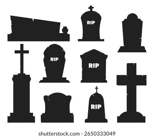 Gravestones on graves. Burial monuments. Black silhouette Crosses and headstones. Cemetery crucifix. Tombstone obelisks. Mystery crypt. Halloween decor. Vector gothic