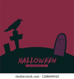 Gravestones in open public cemetery with crow on it isolated on dark purple background. Halloween background, vector illustration