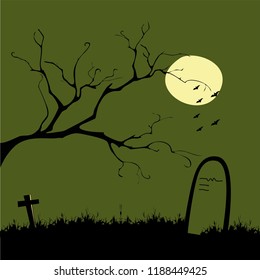 Gravestones in open public cemetery under gnarl tree with full moon. Halloween background, vector illustration