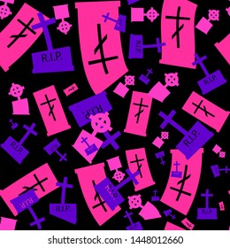 Gravestones pink and purple on a black background, seamless pattern, vector