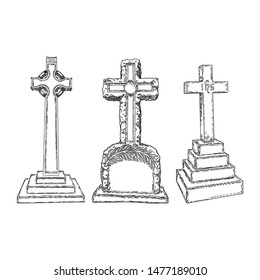 Gravestones set drawing. Old tomb rip grave on white background. Marble cemetery stone. Christian symbol of death. Vector.
