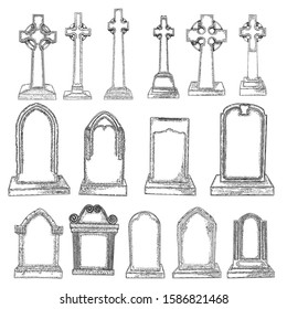 Gravestones set drawing. Old tomb rip grave on white background. Marble cemetery stone. Christian symbol of death. Vector.
