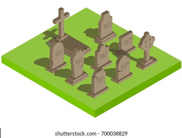 Gravestones set. Isometric view an old cemetery with tombs, graves, ancient RIP and cross on a green grass. Vector