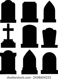 Gravestones set . Old Tomb Ancient RIP gravestones. Concept gravestone in different. Halloween elements . Grave on transparent background, Tombstone silhouettes, grave sign of the dead concept.