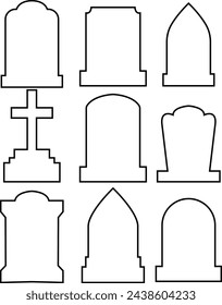 Gravestones set . Old Tomb Ancient RIP gravestones. Concept gravestone in different. Halloween elements . Grave on transparent background, Tombstone silhouettes, grave sign of the dead concept.