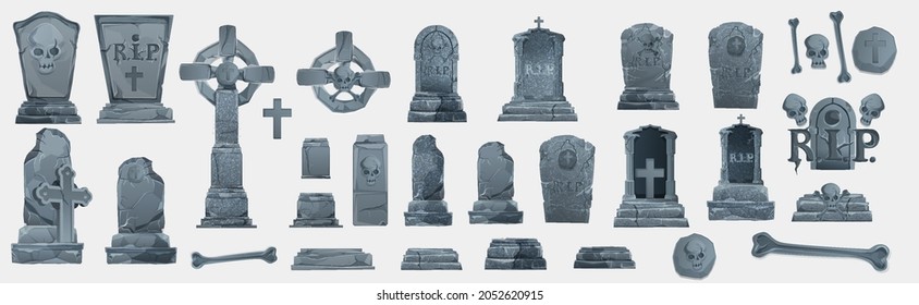 Gravestones set. Old Tomb Collection. Ancient RIP. Collection of gravestones. Concept cartoon gravestone in different. Halloween elements set. Grave on white background