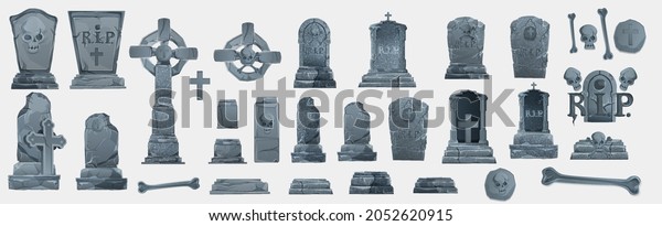 Gravestones set. Old Tomb\
Collection. Ancient RIP. Collection of gravestones. Concept cartoon\
gravestone in different. Halloween elements set. Grave on white\
background
