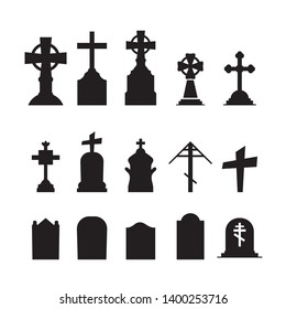 Gravestones and tombstones icons set isolated on white background