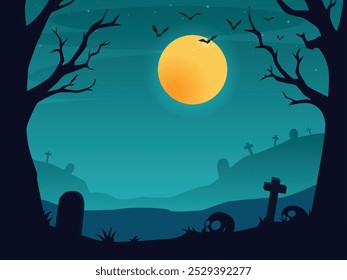  Graveyad full moon night background illustration design for halloween festival