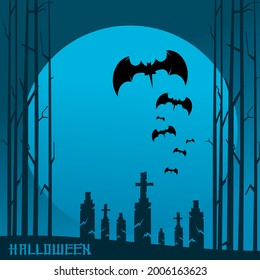 graveyard background, bats fly in the middle of the night with the blue moon