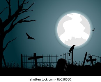 graveyard background with dry tree, crow sitting on fence and bat flying around moon