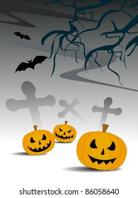 graveyard background with pumpkin, flying bat and dry tree branch