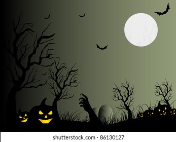 graveyard background with pumpkin and witch hand theme spooky vector for halloween