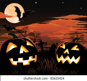 A graveyard, bats and pumpkin Halloween background