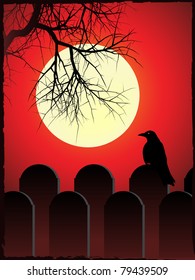 Graveyard with black crow perched on grave stone with silhouette of tree and full moon