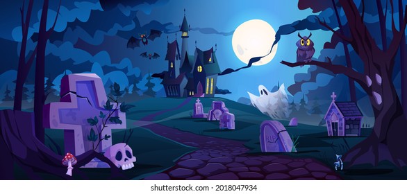 Graveyard and castle in distance, spooky halloween night landscape with tombstones and dry trees, Autumn cemetery and scary scene with crypts and skulls. Full moon shining bright. Cartoon vector