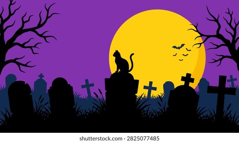 Graveyard cemetery at night with full moon and cat silhouette. Haunted halloween background with crosses and bats.