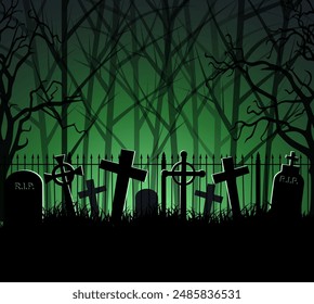 Graveyard cemetery tomb in forest, Halloween background, vector illustration