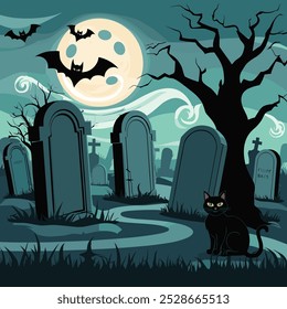 A graveyard with crooked tombstones, swirling mist, and a full moon. Include flying bats, a creepy tree, and perhaps a black cat sitting on one of the tombstones.