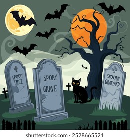 A graveyard with crooked tombstones, swirling mist, and a full moon. Include flying bats, a creepy tree, and perhaps a black cat sitting on one of the tombstones.