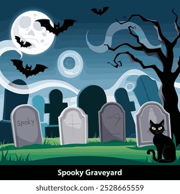 A graveyard with crooked tombstones, swirling mist, and a full moon. Include flying bats, a creepy tree, and perhaps a black cat sitting on one of the tombstones.