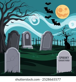 A graveyard with crooked tombstones, swirling mist, and a full moon. Include flying bats, a creepy tree, and perhaps a black cat sitting on one of the tombstones.