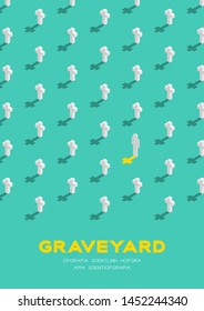 Graveyard with cross 3D isometric pattern, Christian faithful rest in peace (rip) concept poster and banner vertical design illustration isolated on green background with copy space, vector eps 10