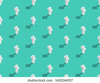 Graveyard with cross 3D isometric seamless pattern, Christian faithful rest in peace (rip) concept poster and banner vertical design illustration isolated on green background with space, vector eps 10