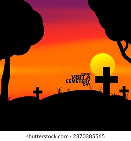 Graveyard with cross tombstones at sunset, with bold text to commemorate Visit A Cemetery Day on October