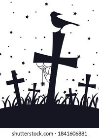 Graveyard with crow, crosses, grass, spider on web, and stars silhouette vector