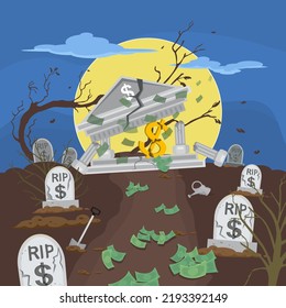  Graveyard  dead dollar sign and failed financial institutions, illustrator vector cartoon drawing image painting
