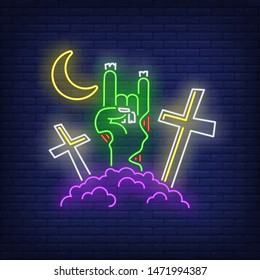 Graveyard with devil horn zombie hand gesture neon sign. Halloween, monster, horror design. Night bright neon sign, colorful billboard, light banner. Vector illustration in neon style.