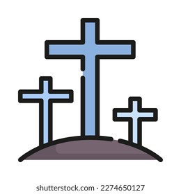 Graveyard filled outline icon. Cristian crosses on hill. Tombstones. Vector Illustration.