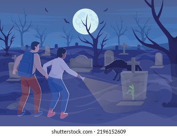 Graveyard flat color vector illustration. Couple visiting cemetery at night. Halloween. Ominous environment. Fully editable 2D simple cartoon characters with full moon and bats on background