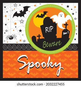 Graveyard, ghost and bat for halloween greeting card