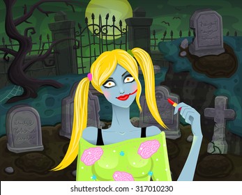 Graveyard Girl Zombie. Vector illustration
