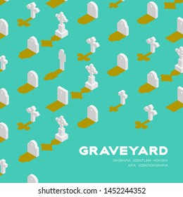 Graveyard with gravestone 3D isometric pattern, Christian faithful rest in peace (rip) concept poster and banner square design illustration isolated on green background with copy space, vector eps