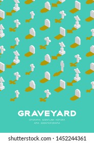 Graveyard with gravestone 3D isometric pattern, Christian faithful rest in peace (rip) concept poster and banner vertical design illustration isolated on green background with copy space, vector eps